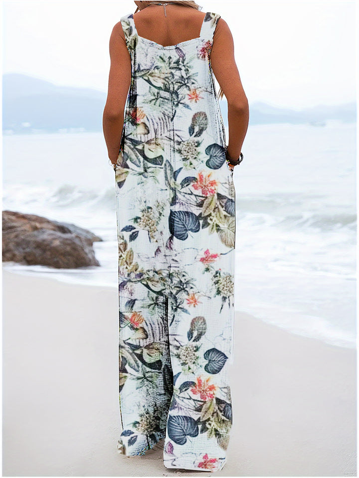 Women’s Boho Chic Blend Jumpsuit with Pockets - Tropical Print Wide Leg Overalls