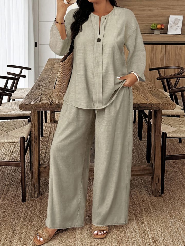 Plus Size Long Sleeve Shirt & Loose Pants Set