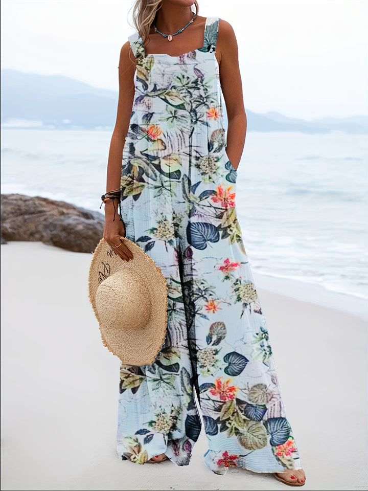 Women’s Boho Chic Blend Jumpsuit with Pockets - Tropical Print Wide Leg Overalls