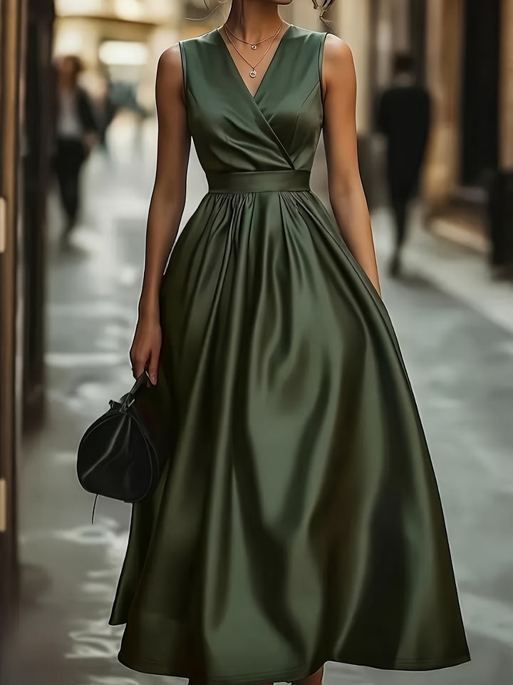 Olive Green Satin V-Neck Sleeveless A-Line Dress
