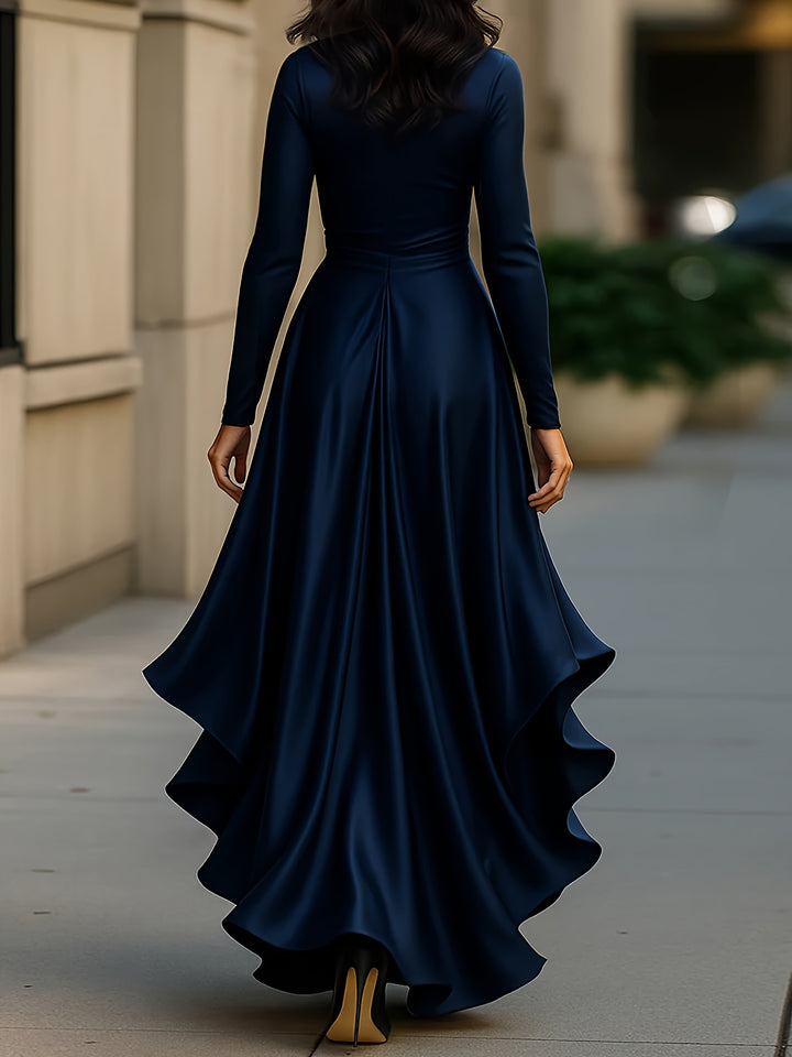 French Retro Navy Satin Deep V Fishtail Dress