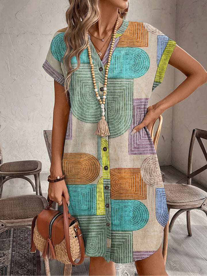 Women'S Summer Printed Elegant V-Neck Button Women'S Dress
