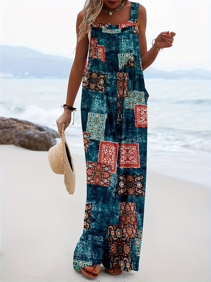 Women’s Boho Chic Blend Jumpsuit with Pockets - Tropical Print Wide Leg Overalls