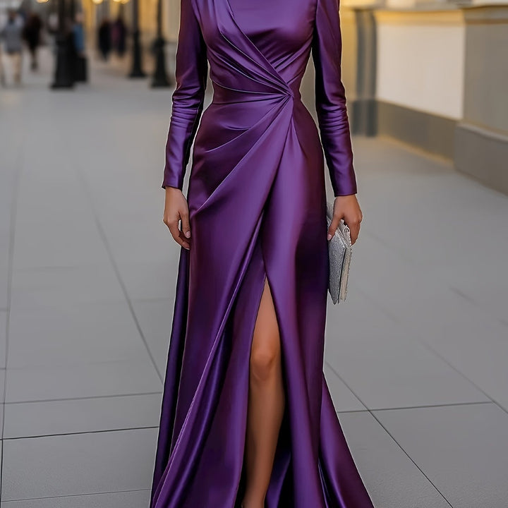 Satin Asymmetrical Slit Pleated Evening Gown