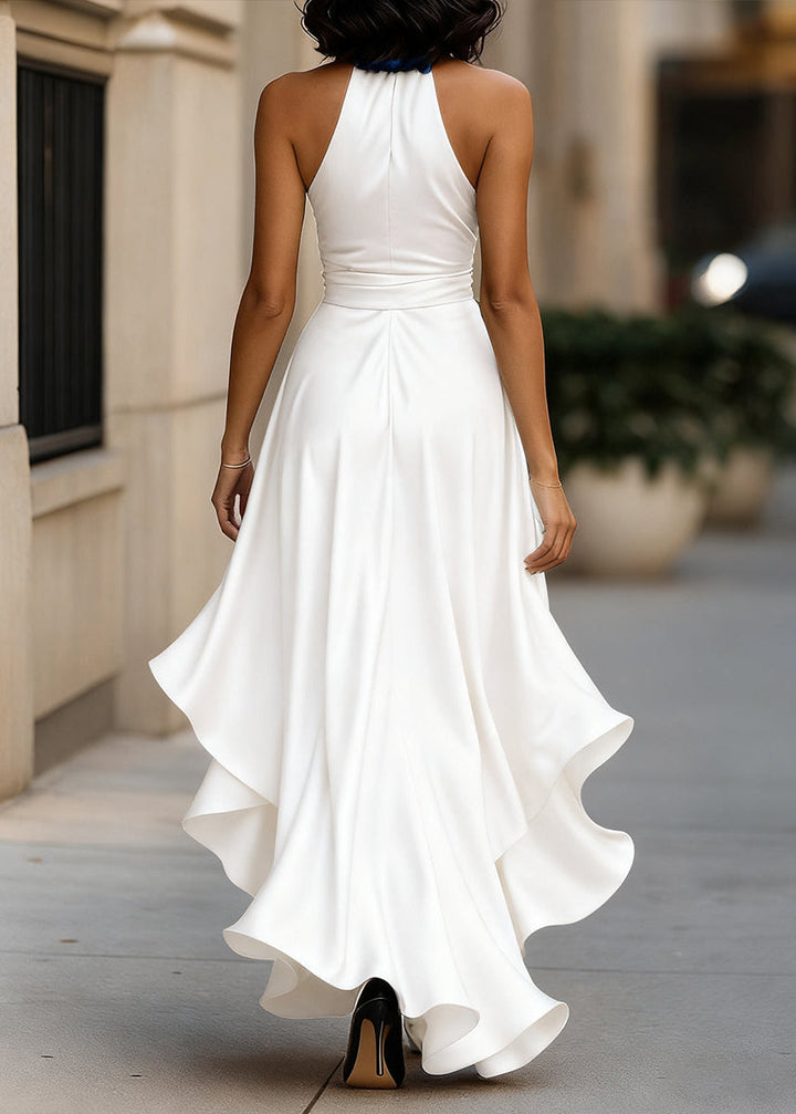 Ceylan Women’s Satin Halter Neck Gown with Asymmetric Ruffles