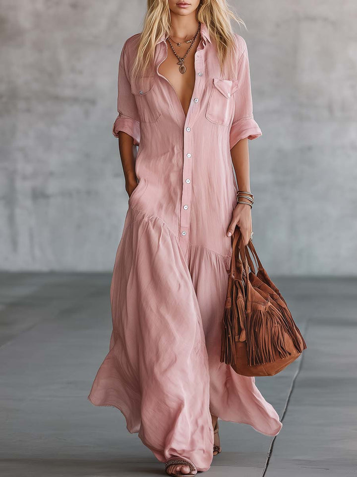 Western V-neck Front Button Maxi Dress