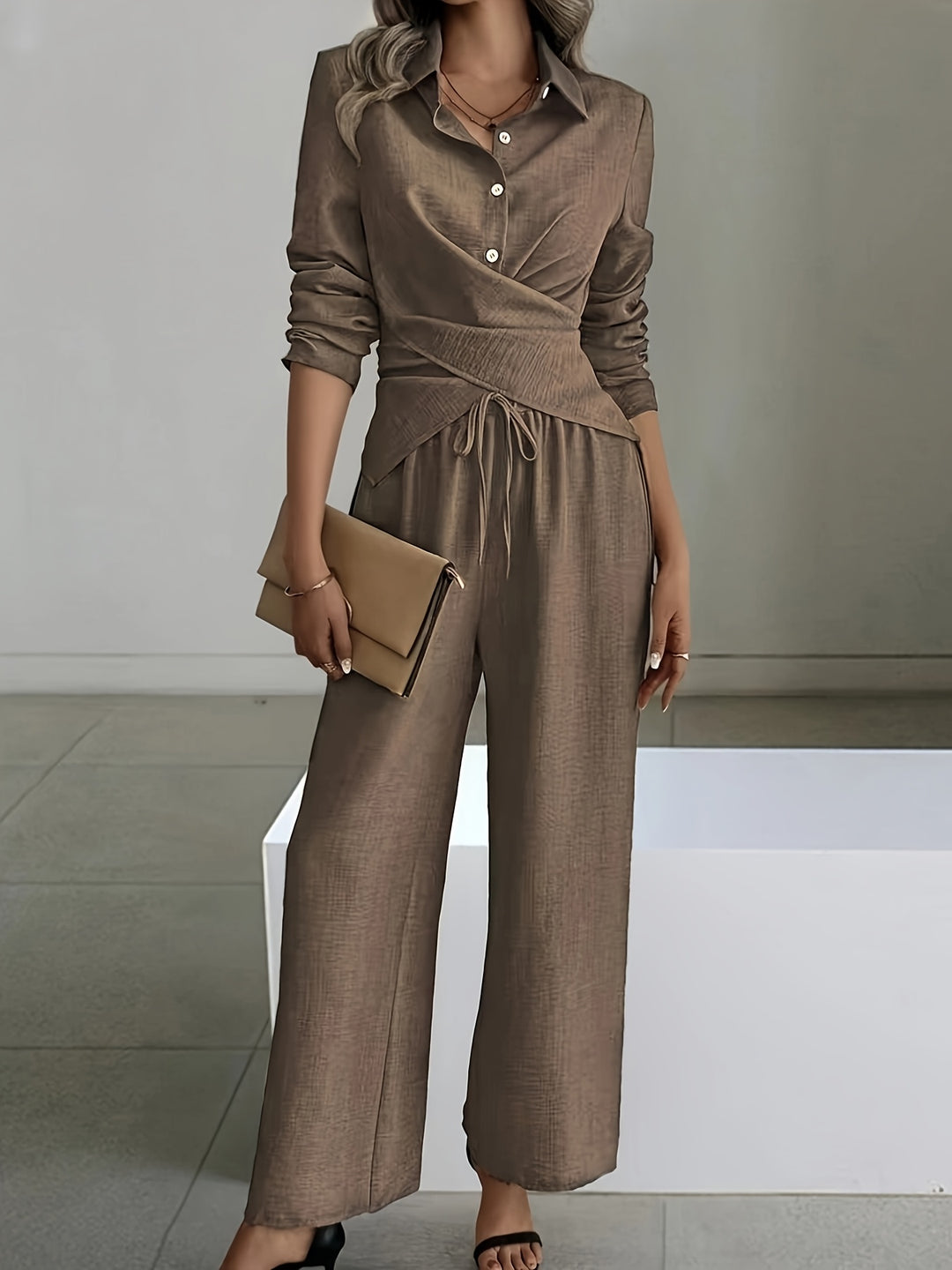 Elegant Easy Short Hem Top And Wide-Leg Pants Set