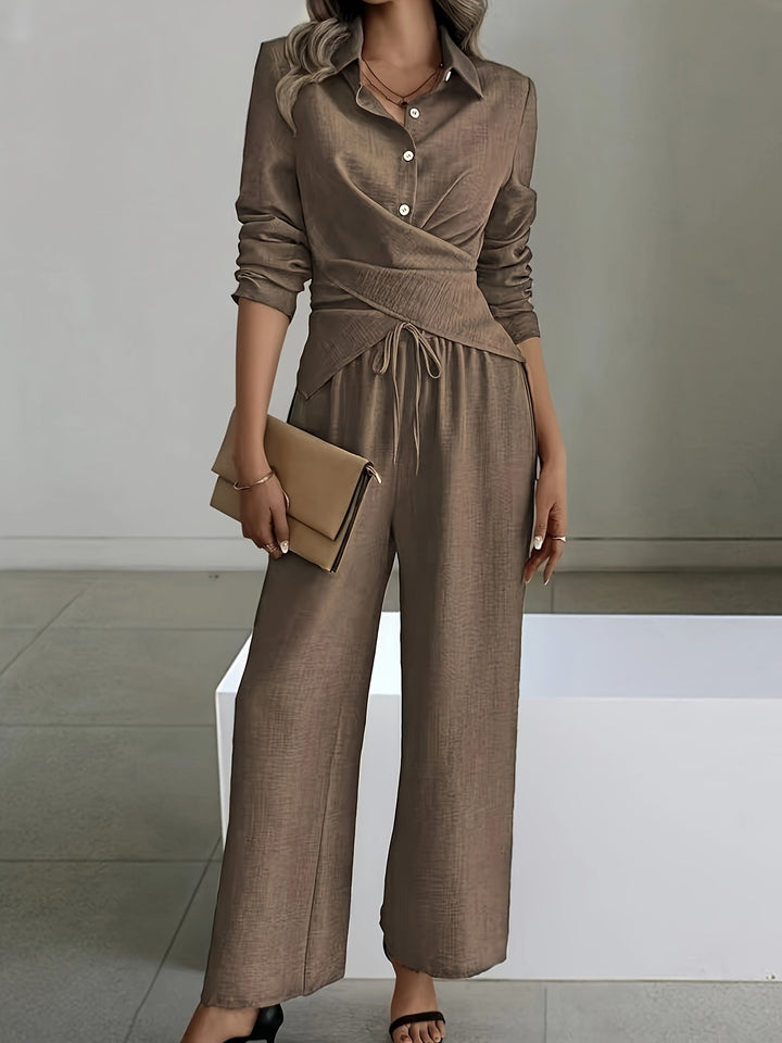 Elegant Easy Short Hem Top And Wide-Leg Pants Set
