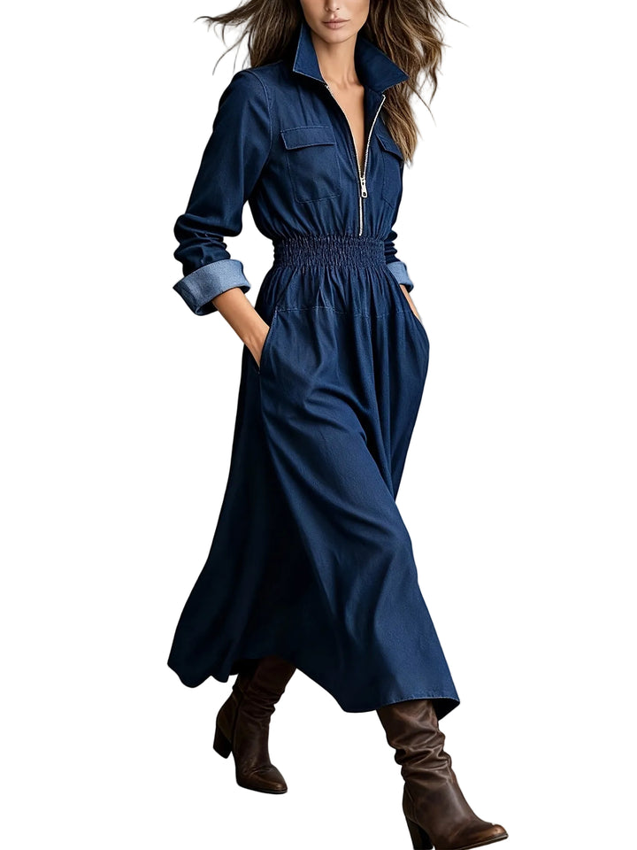 Women's Washed Blue Zip Collar Dress with Cinched Waist