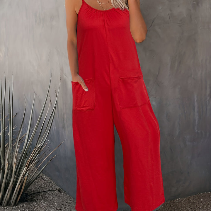 Western-Style Casual Strappy Jumpsuit with Chest Pleats and Patch Pockets