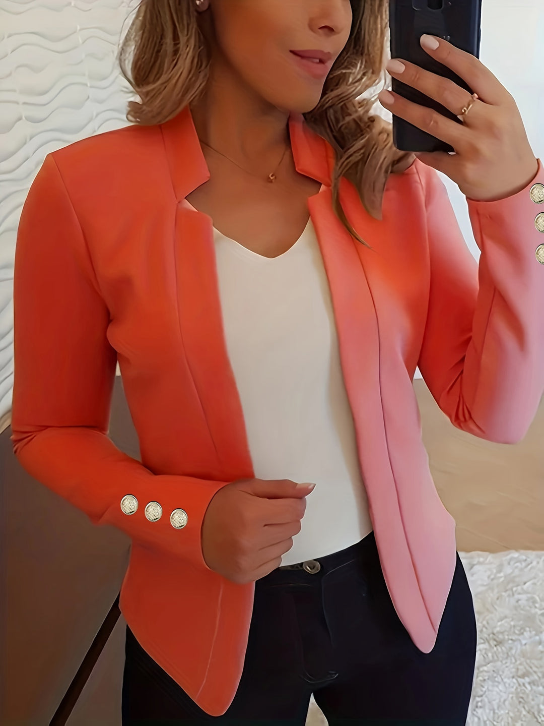 Solid Open Front Blazer - Long Sleeve Office Wear