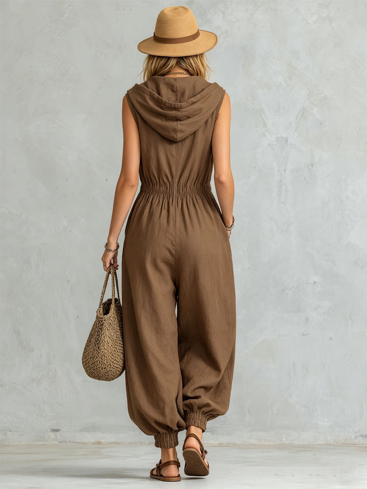 Hooded Zipper Cotton Linen Sleeveless Jumpsuit