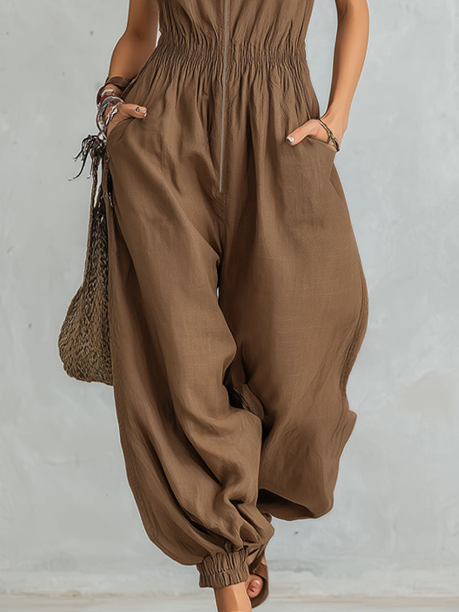 Hooded Zipper Cotton Linen Sleeveless Jumpsuit