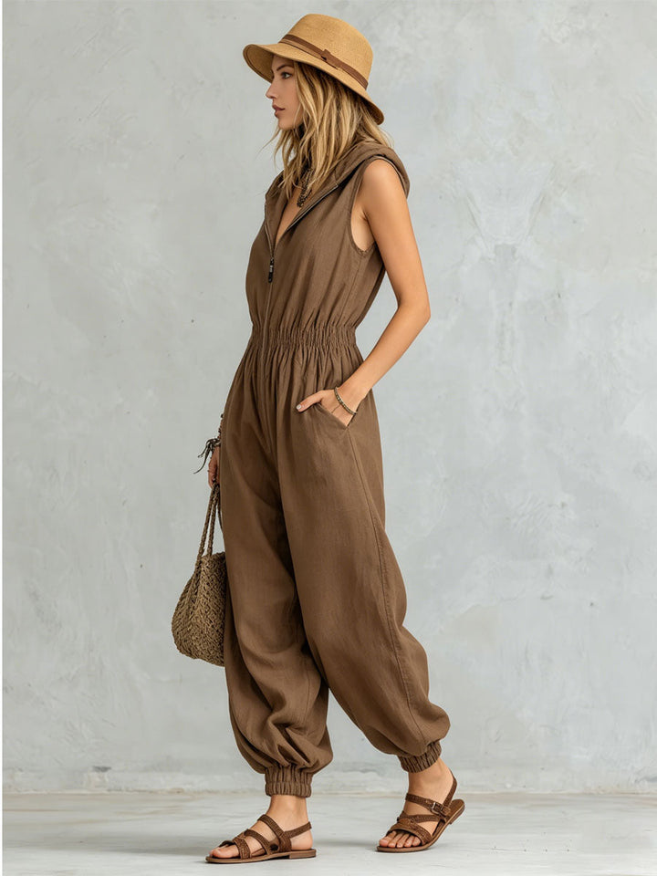 Hooded Zipper Cotton Linen Sleeveless Jumpsuit