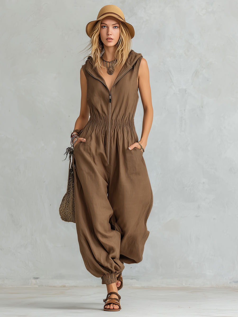 Hooded Zipper Cotton Linen Sleeveless Jumpsuit
