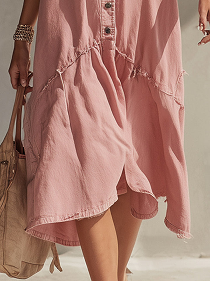 Retro-Casual Pink Denim Frayed-Hem Midi Dress