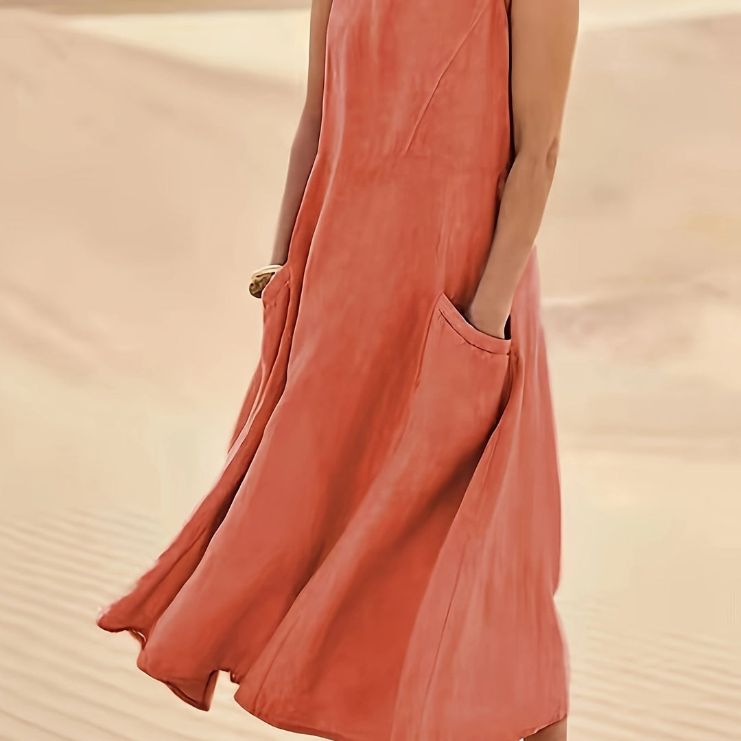 Women's Sleeveless A-Line Dress with Pockets, Mid-Length Loose Fit