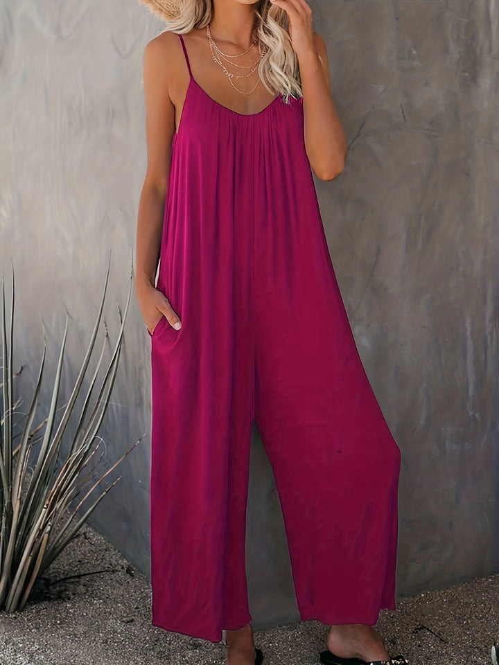 Plus Size Basic Jumpsuit, Women's Plus Solid V Neck Wide Leg Summer Cami Jumpsuit