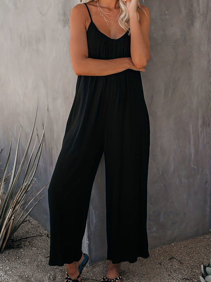 Women’s Sleeveless Jumpsuit with Pockets - Casual Polyester Knit Fabric, V-Neck