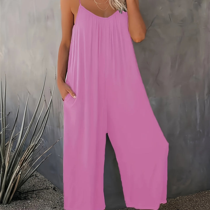 Women’s Sleeveless Jumpsuit with Pockets - Casual Polyester Knit Fabric, V-Neck