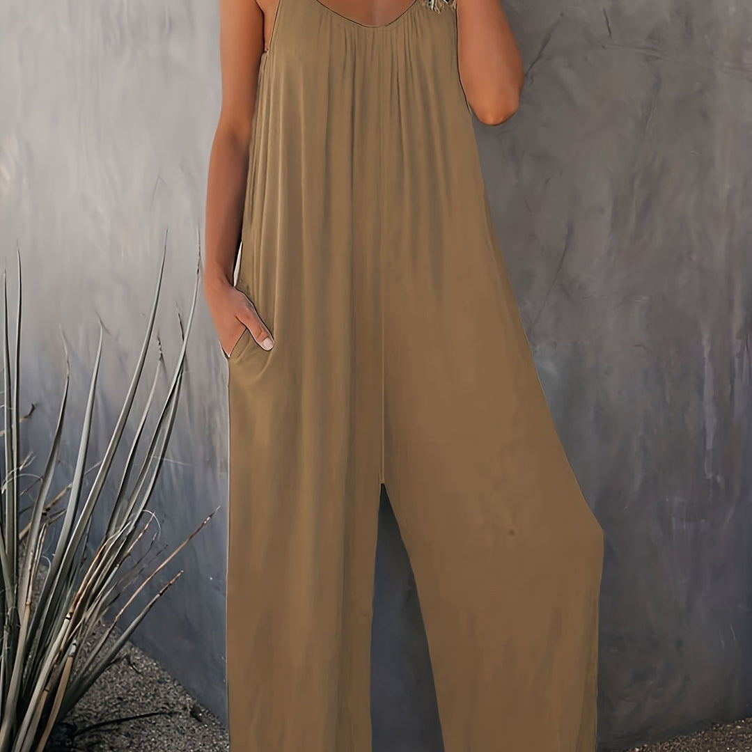 Women’s Sleeveless Jumpsuit with Pockets - Casual Polyester Knit Fabric, V-Neck