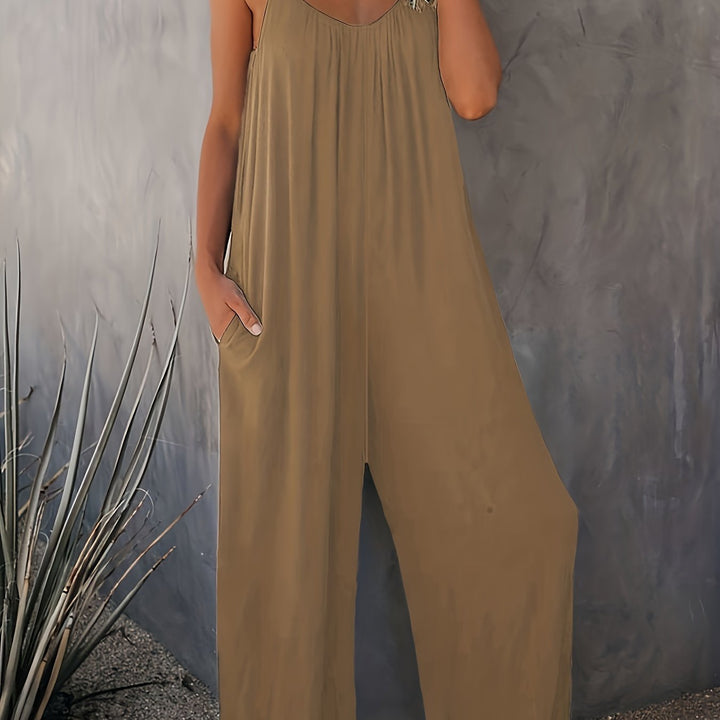 Women’s Sleeveless Jumpsuit with Pockets - Casual Polyester Knit Fabric, V-Neck