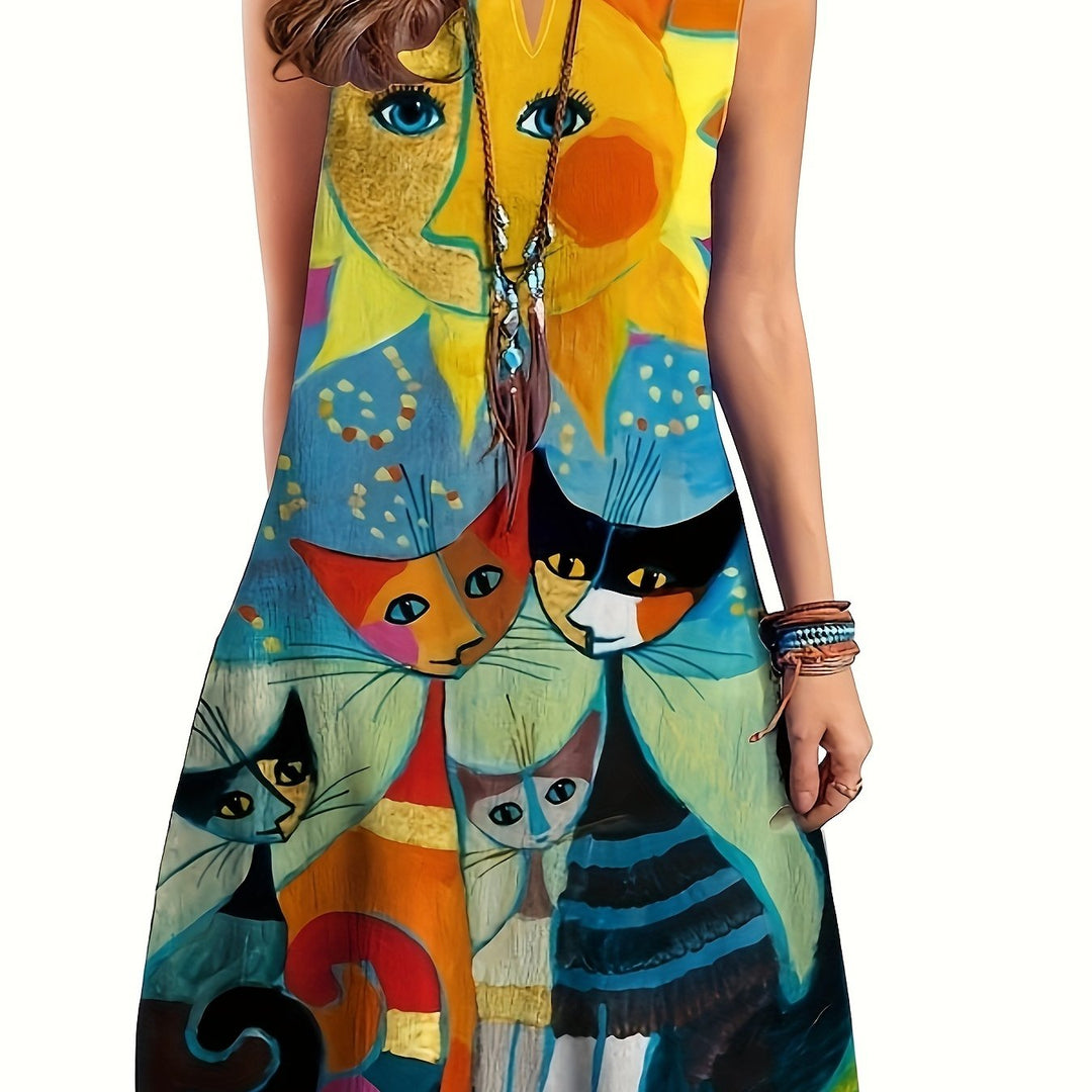Women's V-Neck Sleeveless Printed Flared Midi Dress