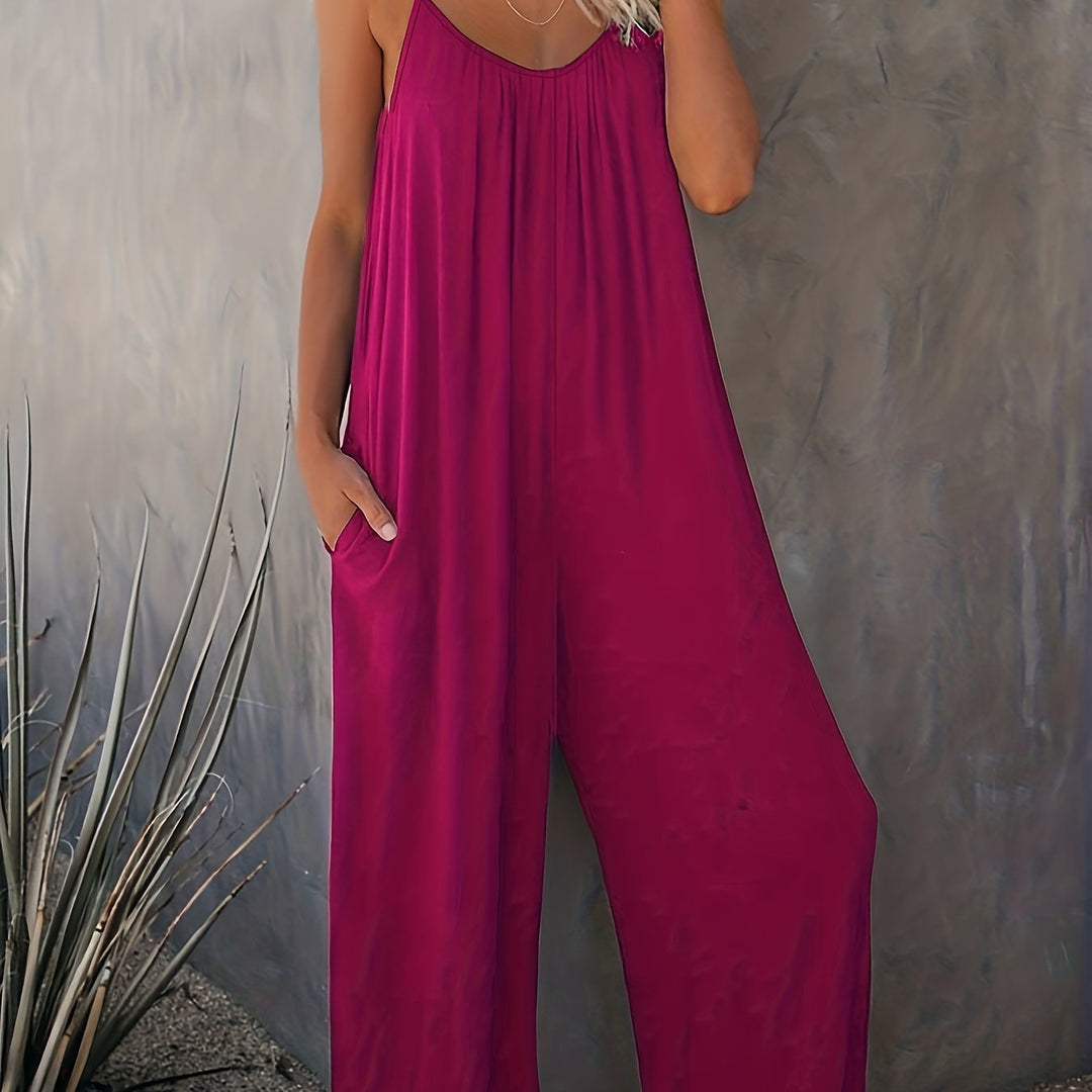 Women’s Sleeveless Jumpsuit with Pockets - Casual Polyester Knit Fabric, V-Neck