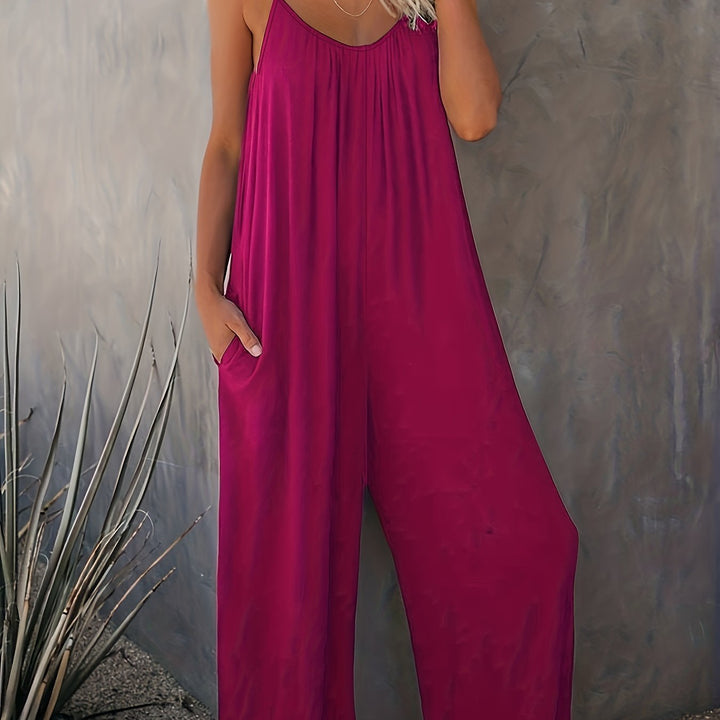Women’s Sleeveless Jumpsuit with Pockets - Casual Polyester Knit Fabric, V-Neck