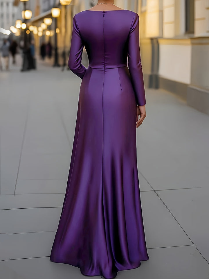 Satin Asymmetrical Slit Pleated Evening Gown