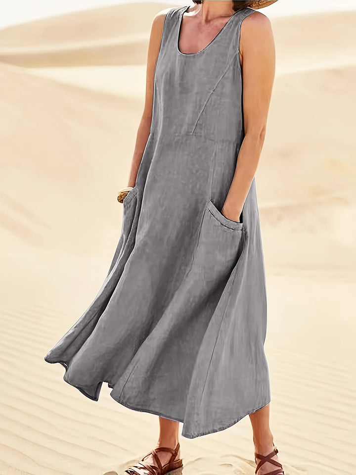 Women's Sleeveless A-Line Dress with Pockets, Mid-Length Loose Fit