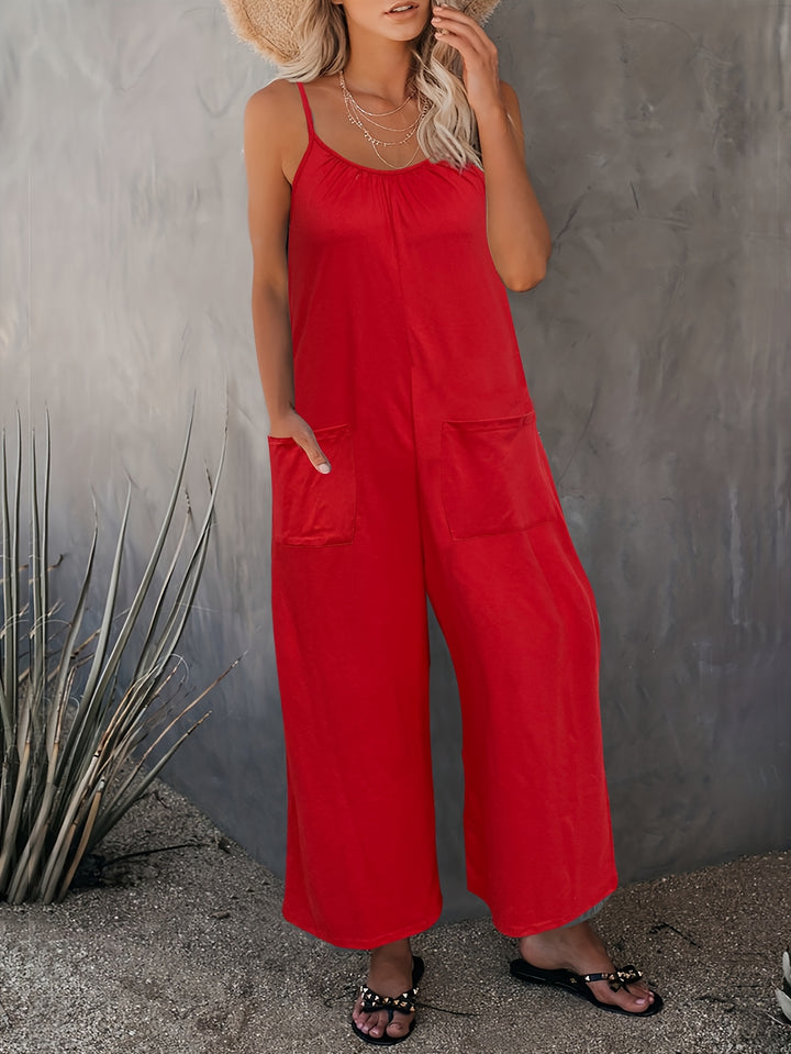 Western-Style Casual Strappy Jumpsuit with Chest Pleats and Patch Pockets
