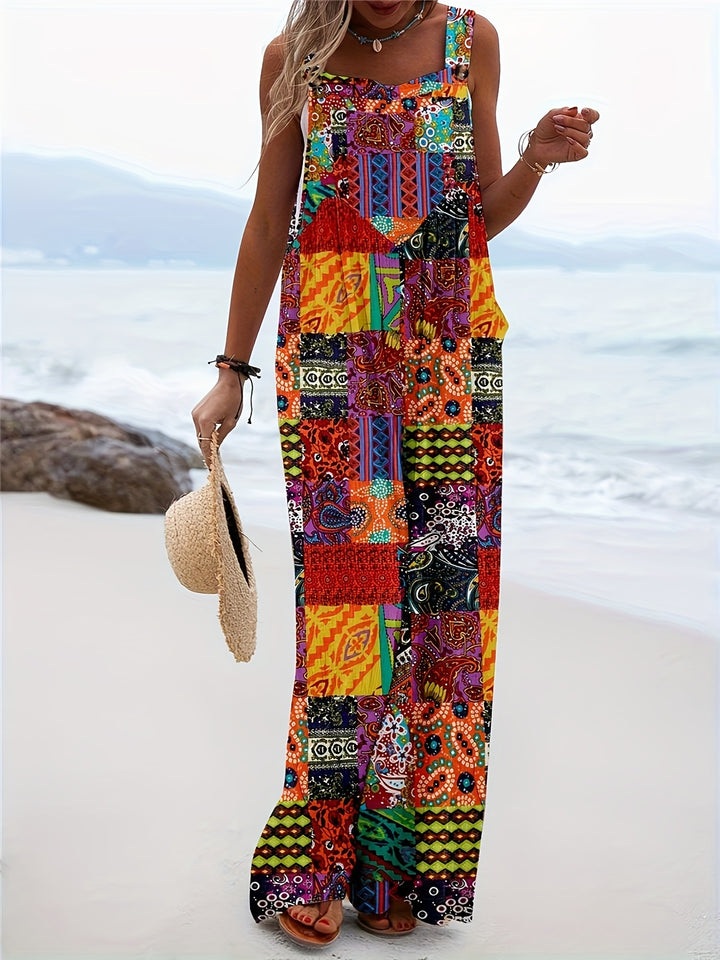 Women’s Boho Chic Blend Jumpsuit with Pockets - Tropical Print Wide Leg Overalls