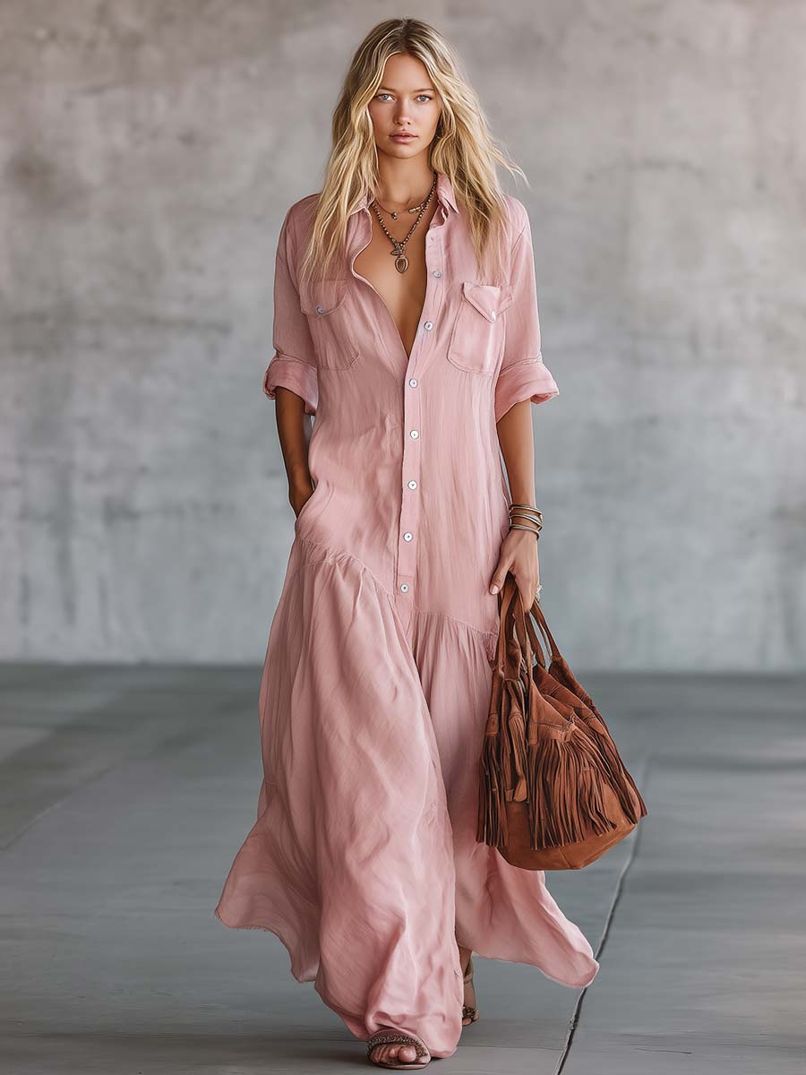 Western V-neck Front Button Maxi Dress