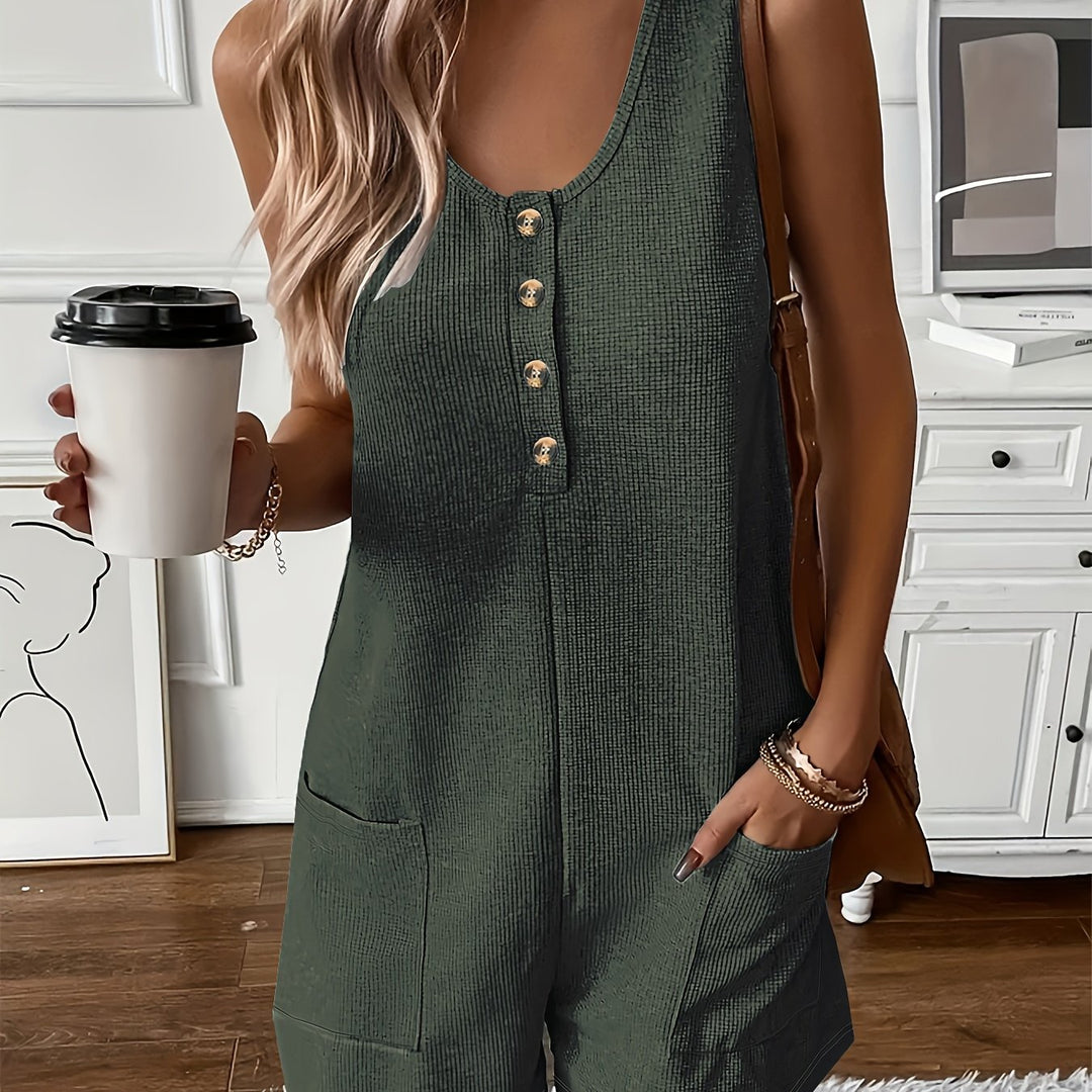 Button Front Sleeveless Romper Jumpsuit with Pockets - Casual Solid Color Summer Wear
