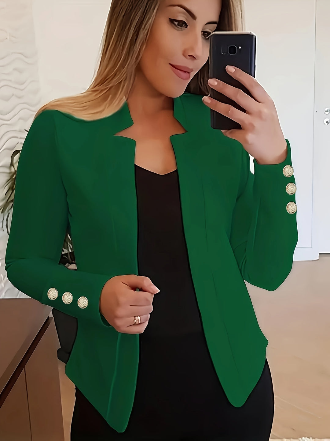 Solid Open Front Blazer - Long Sleeve Office Wear