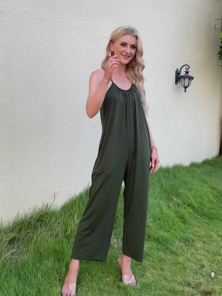 Women’s Sleeveless Jumpsuit with Pockets - Casual Polyester Knit Fabric, V-Neck