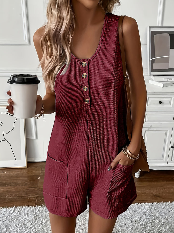 Button Front Sleeveless Romper Jumpsuit with Pockets - Casual Solid Color Summer Wear