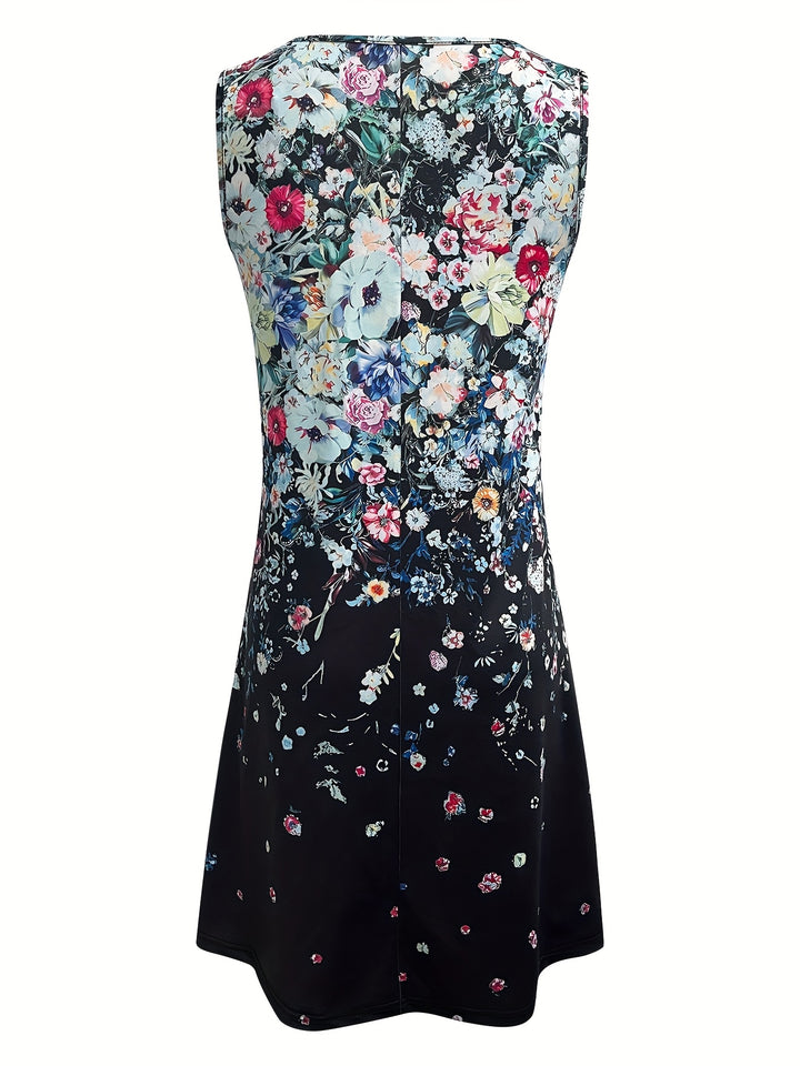 Summer Women's Fashion Small Floral Print Sleeveless V-Neck Casual Loose Dress