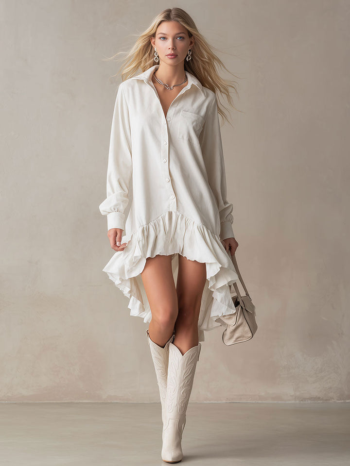 Elegant Off-white Ruffled Tencel Denim Midi Dress