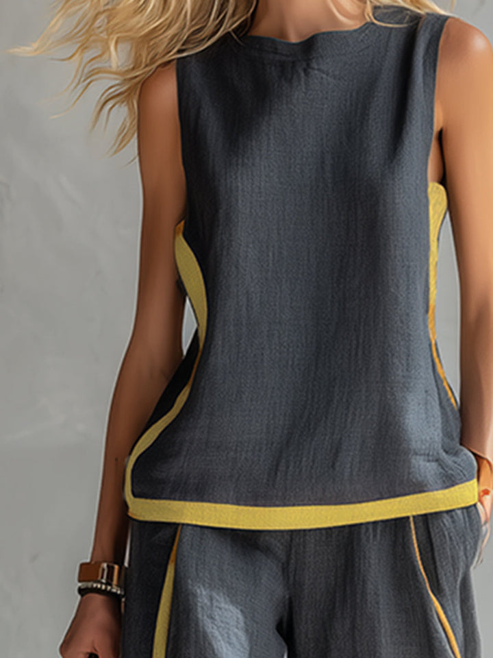 Elegant And Casual Two-tone Trim Gray Cotton And Linen Vest And Pants Set