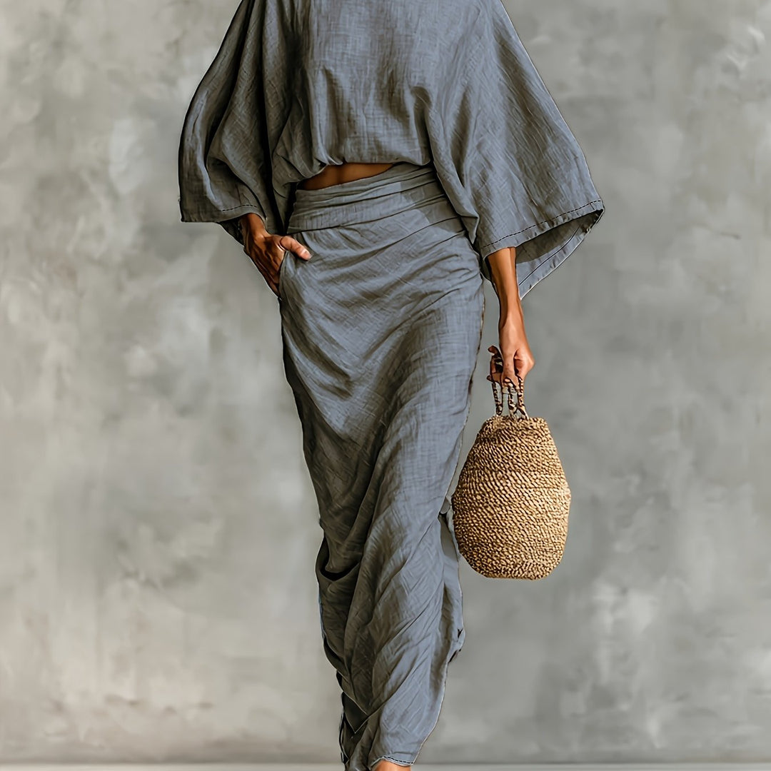 Women's Bat Sleeve Crop Top & Midi Skirt Set