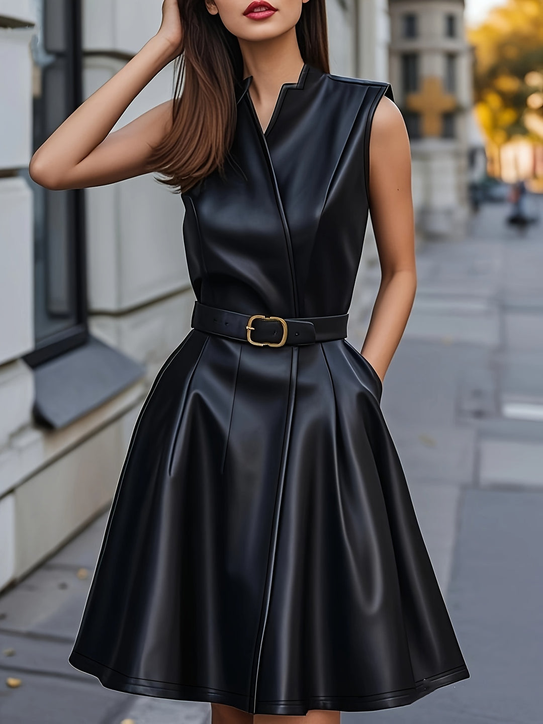 Elegant Solid Color V-Neck Waist-Cinching A-Line Dress