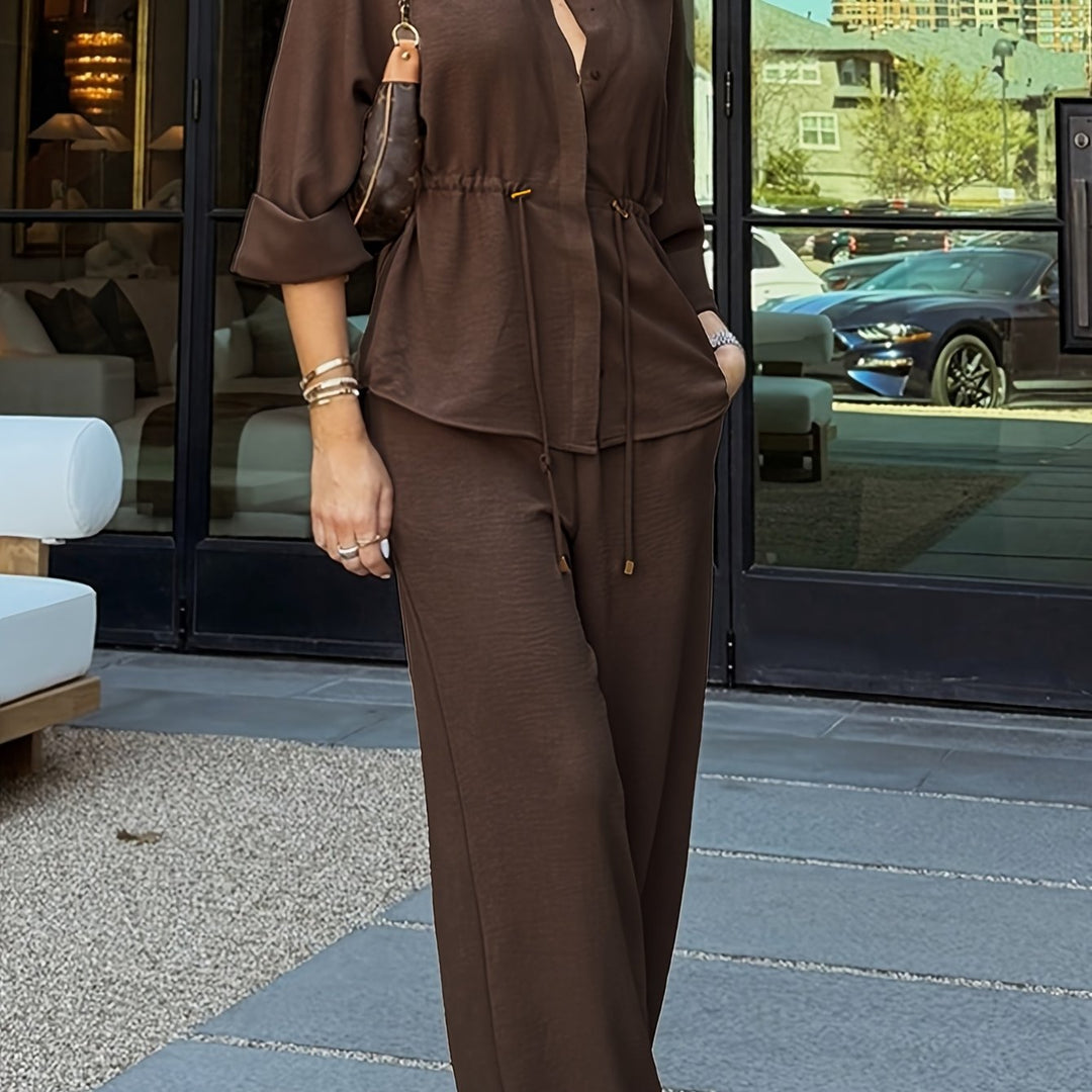 Women's Casual Button Shirt & Wide Leg Pants Set