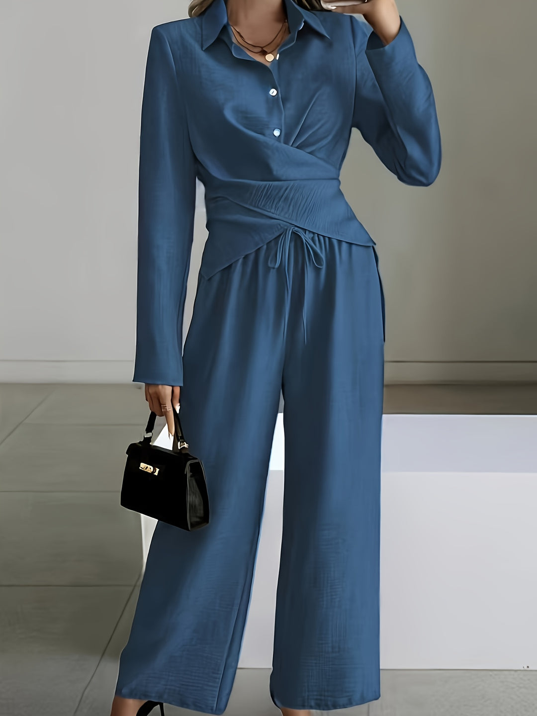 Elegant Easy Short Hem Top And Wide-Leg Pants Set