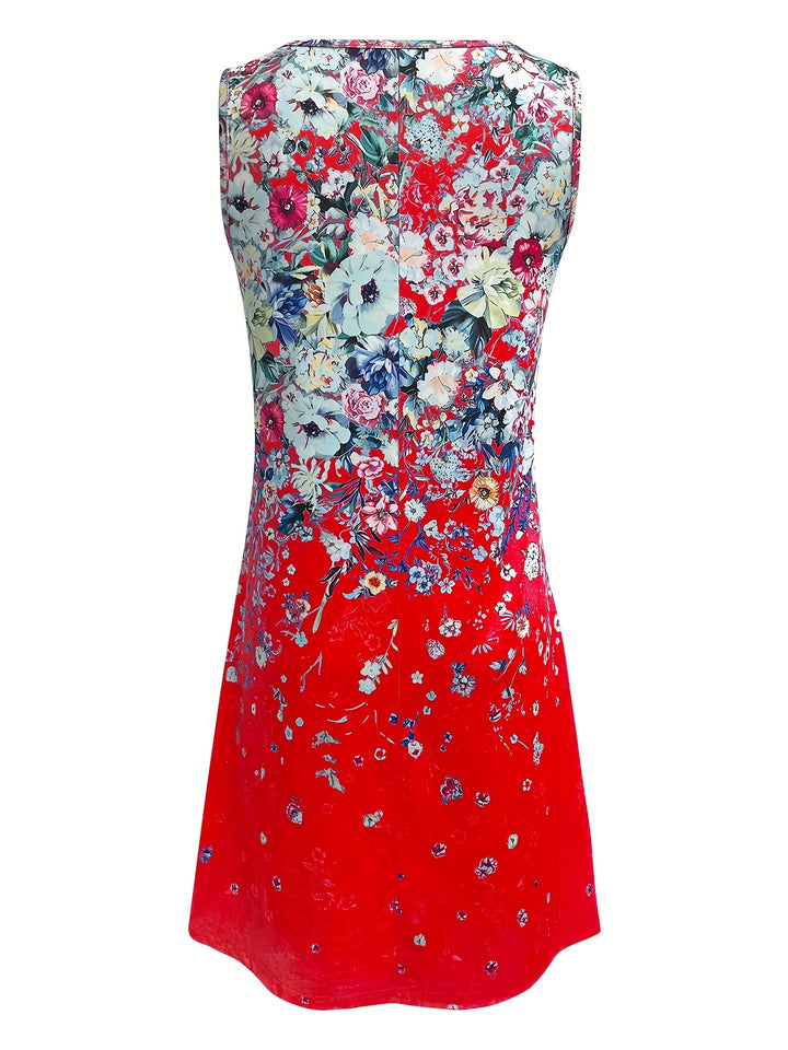 Summer Women's Fashion Small Floral Print Sleeveless V-Neck Casual Loose Dress