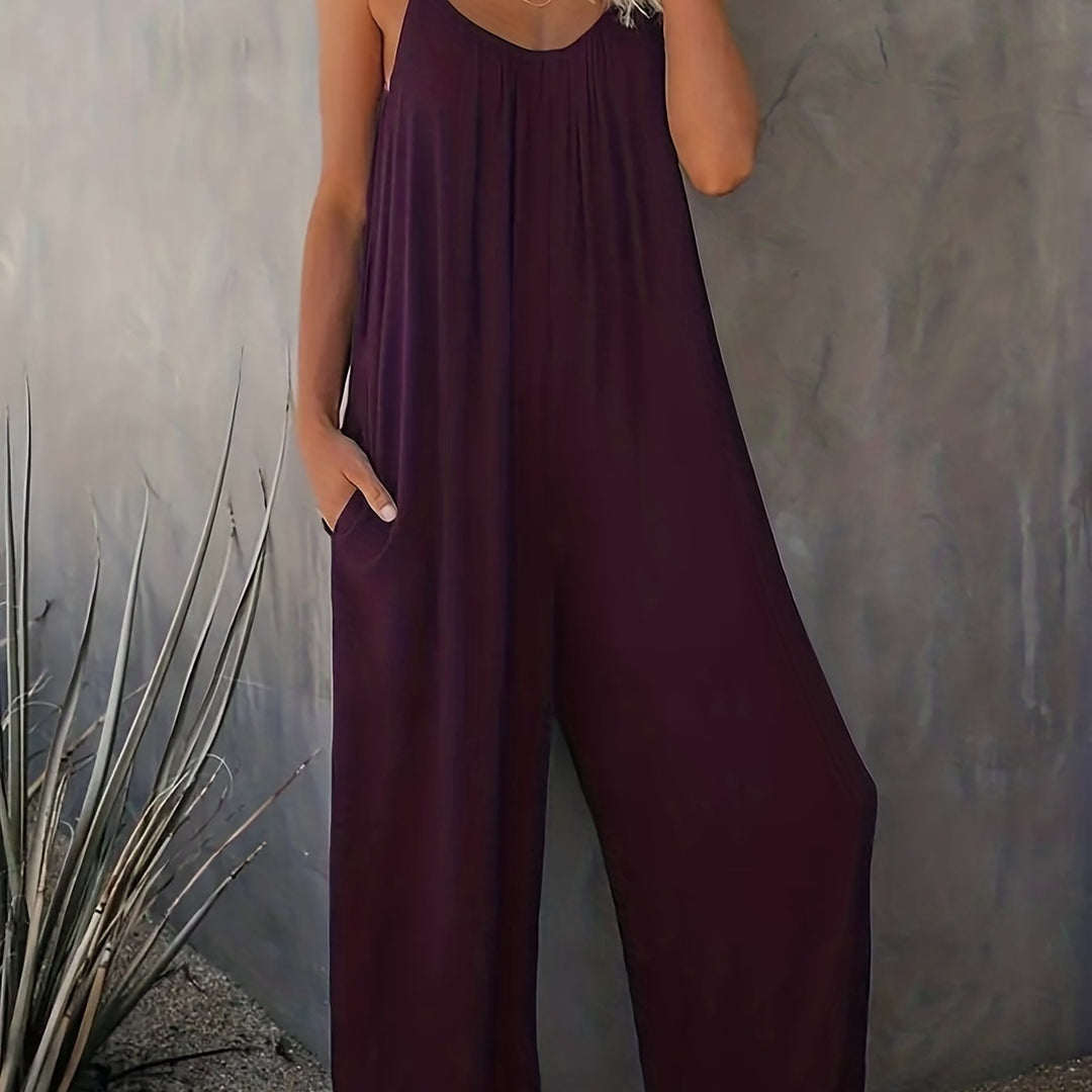 Plus Size Basic Jumpsuit, Women's Plus Solid V Neck Wide Leg Summer Cami Jumpsuit