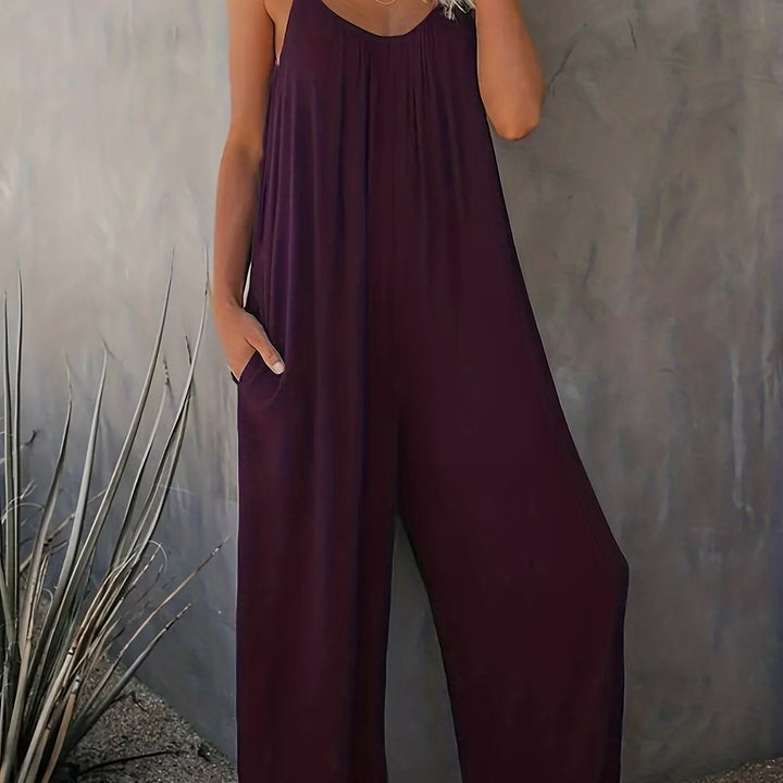 Plus Size Basic Jumpsuit, Women's Plus Solid V Neck Wide Leg Summer Cami Jumpsuit