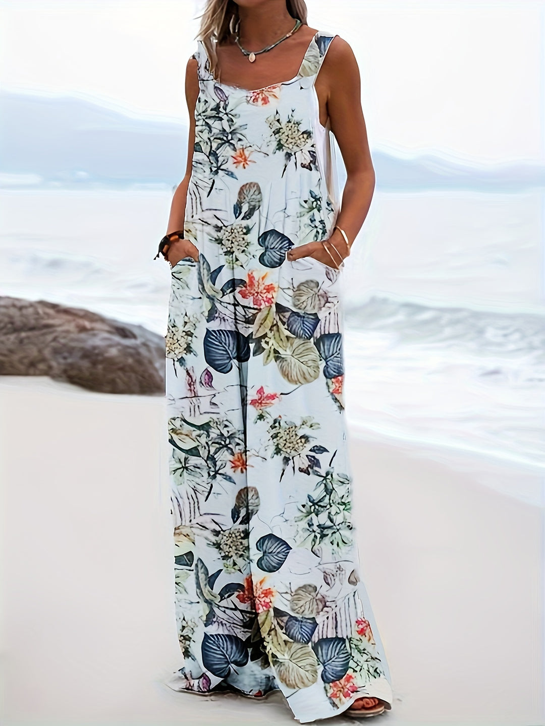 Women’s Boho Chic Blend Jumpsuit with Pockets - Tropical Print Wide Leg Overalls