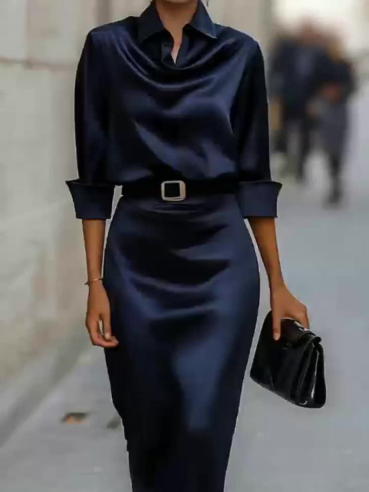 Elegant Satin Lapel Waist-Cinching Slim Dress